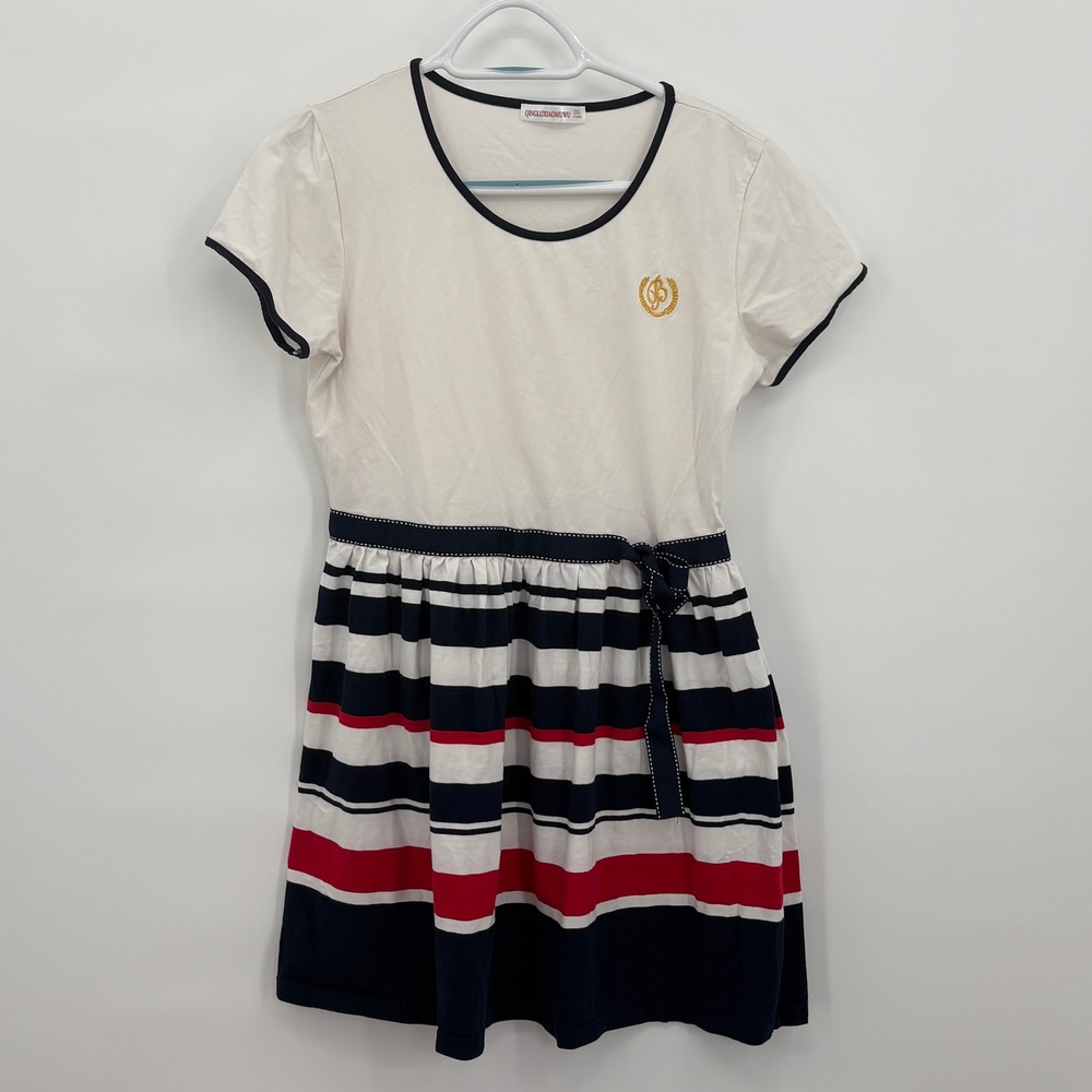 Qingluxiaomuwu Girls Nautical Striped Short Sleeve‎ Dress Cream Navy Red 2XL